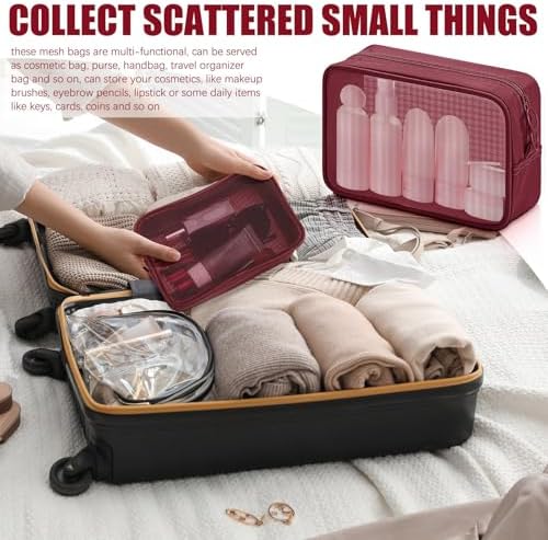 Weewooday 4Pcs Mesh Makeup Bag, Wine Red, Small, Large, Medium, Classic - Image 6