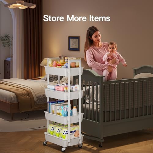 Pipishell 4 Tier Rolling Cart with Handle & Wheels for Storage, White - Image 3
