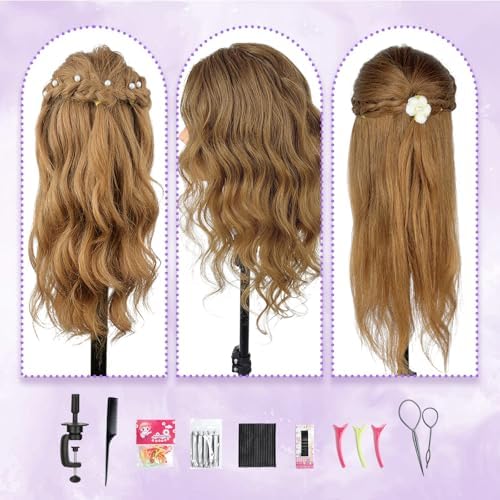 Mannequin Head Human Hair - Cosmetology Manikin Doll Head with 100% Real Hair for Hairdresser Practice Styling Braiding & Free Clamp Holder (Light Brown) - Image 5