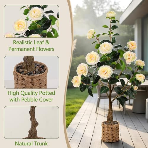 3FT Artificial Camellia Tree, Faux Camellia Plant Outdoor Camellia Flowers Tree Greenery Potted Plant for Living Room Door Patio Deck Yard Décor Outdoor Indoor - Image 3