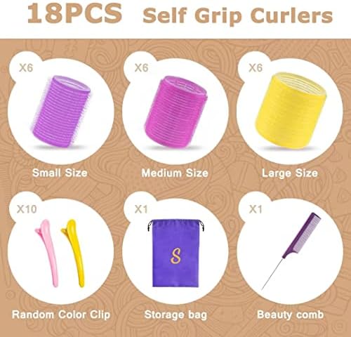 Sungenol Self Grip Hair Rollers Set, 18 Rollers in 3 Sizes with Clips - Image 5