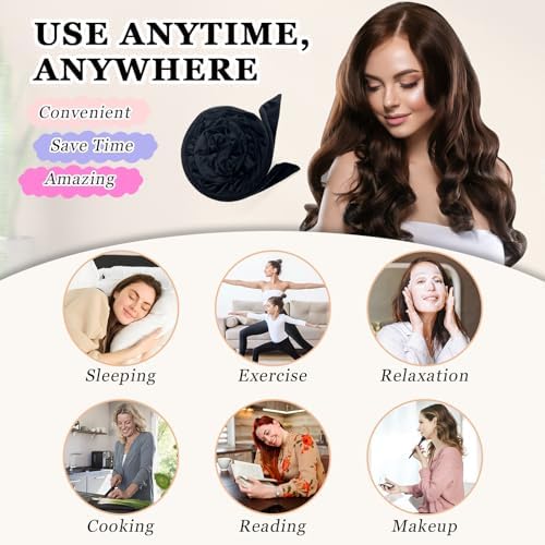 Gwabee No Heat Hair Curlers Overnight Curls Headband - 70" Soft Ribbon Curl Wrap for Long Hair, 9 PCS Curling Rod Set with Bonnet - Black - Image 6