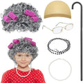 Old Lady Wig Costume for Girls, 100 Days of School Costume Grandma Granny Costumes with Curly Grey Wig Glasses Cane for Girls for Cosplay by Unknown