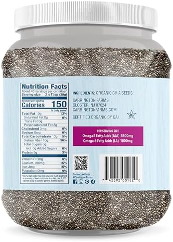 Carrington Farms Organic Whole Chia Seeds 42 oz - USDA Organic, Non-GMO Black Chia Seeds | Plant-Based Omega-3 & Fiber | Vegan Egg Substitute for Baking | Smoothies, Chia Pudding & Overnight Oats - Image 2