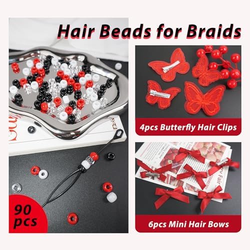 100PCS Hair Beads for Braids Coquette Red Bow Hair Clips Embroidery Butterfly Hair Clips Black Loc Dreadlock Beads Cute Hair Decoration for Girls Women - Image 3