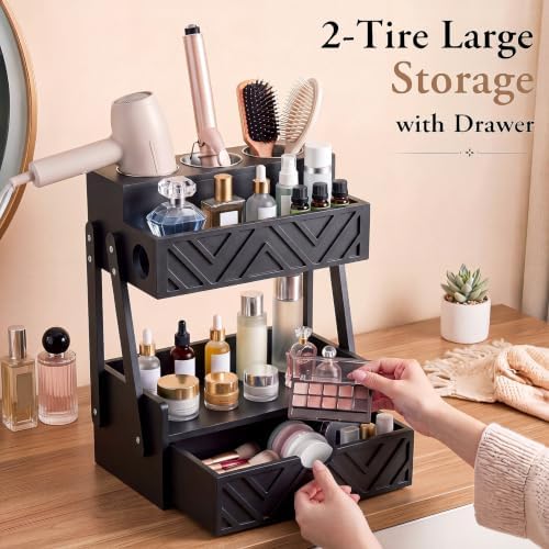 Hair Tool Organizer with Drawer 2 Tier Bathroom Countertop Organizer, Black - Image 5
