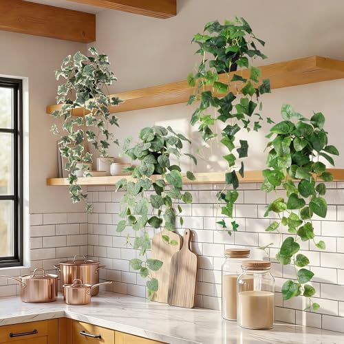 Artificial Plants Indoor with Pots, Fake Pothos Hanging Plant Set of 2, Silk Faux Greenery Ivy for Outdoor, Realistic Fake Potted Plants for Shelves Office Wall Decor, Green 33In by Unknown