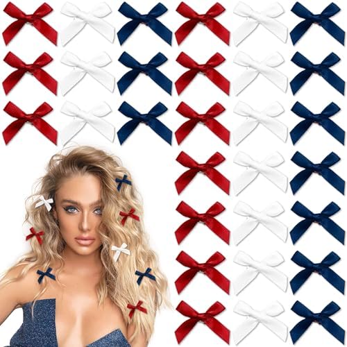 30PCS Red & Blue Mini Hair Bows - Satin Alligator Clips for Women & Girls - Patriotic American Flag Party Hair Accessories by YAEISM
