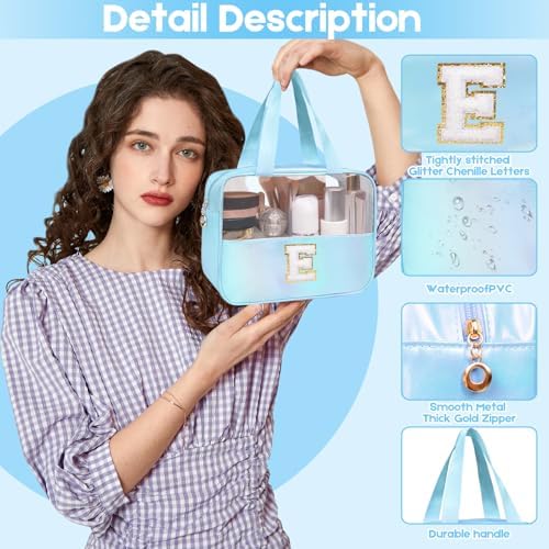Personalized Initial Clear Makeup Bag Blue Cosmetic Bag Set Large Travel Toiletry Bag, Cute Clear Make Up Bags Organizer Bag for Girlfriend Teacher Gifts Teen Girl Gifts Trendy Stuff A (Blue) - Image 3