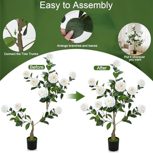 2 Pack 3FT Artificial Camellia Trees with White Flower for Outdoor - Image 3