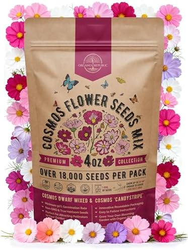Cosmos Flower Seeds Pack 4 oz - 18,000 Non-GMO Heirloom Annual Seeds for Planting Indoor & Outdoor Gardening, Flower Seed for Garden in Resealable Packet, Floral Mix for Pollinators Perennial Mix by OrganoRepublic