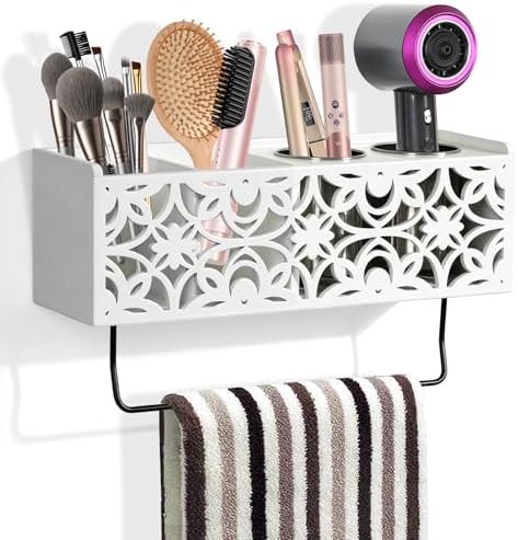 Hair Dryer Holder Wall Mounted with Stainless Steel Cups and Towel Bar by TRSPCWR