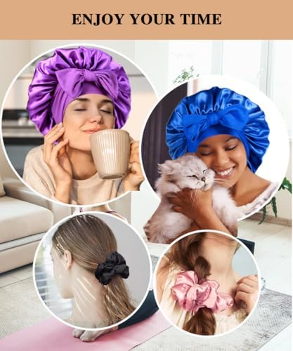 2+3 Large Satin Bonnets with Scrunchies for Women, Hair Bonnet Sleeping Tie Bonnet for Braids Curly Hair - Image 5