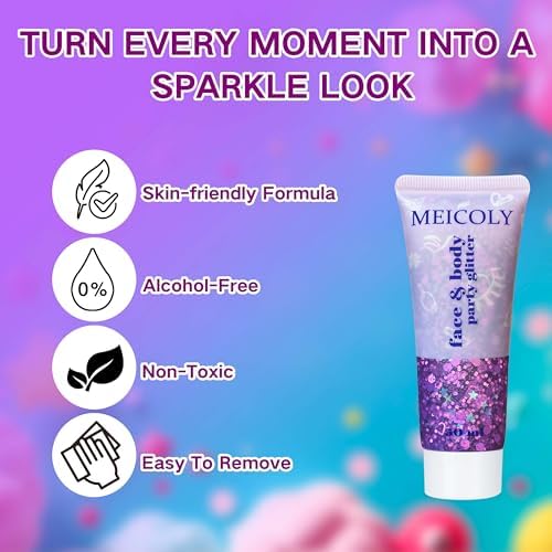 MEICOLY Purple Hair Glitter Kids Makeup,Holographic Halloween Game Day Spirit Day Face Glitter,Self-Adhesive Mermaid Sequins Face Body Glitter,Chunky Glitter for Festival Rave Accessories - Image 6