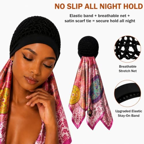 2 in 1 Wrap Cap Hair Net and Scarf for Silk Press, Satin Wrap Cap Bonnet for Women, Adjustable Stay-On Sleep Hair Net Scarf for All Hair Types (Rose pink, One Size) - Image 2