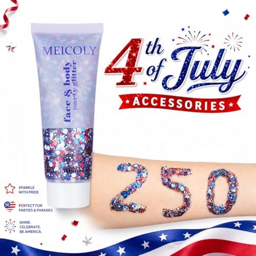 MEICOLY 250th Red White and Blue Patriotic Face Glitter,Fourth of July Star Hair Glitter,4th of July Outfits for Women,USA Flag Body Glitter for Independence Day Veterans Day - Image 2