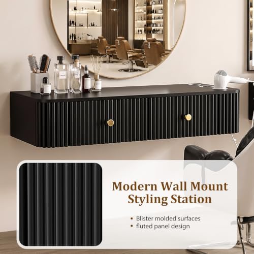 OmySalon Wall Mount Salon Station, Hair Stylist Cabinet with 3 Heat Resistant Dryer Holders, 2 Drawers, Modern Style Barber Storage Station for Barbershop Salon SPA, Solid Black - Image 4