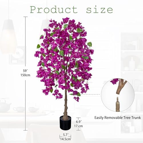 Briful Artificial Bougainvillea Flower Tree in Black Pot - 59in Tall Faux Silk Bougainvillea Floral Tree with Realistic Trunk Fake Bougainvillea Plant for Home Office Living Outdoor Porch Décor - Image 2