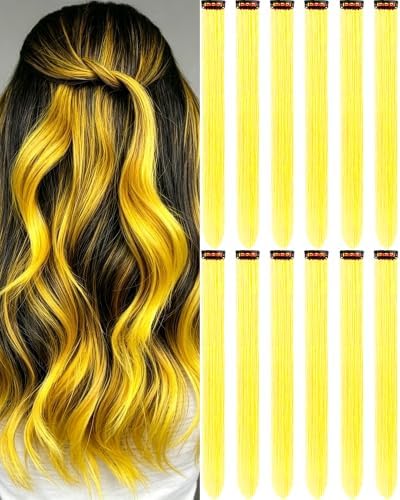 12 PCS Yellow Hair Extensions Clip in, Colorful Hair Accessories Set by Olldag