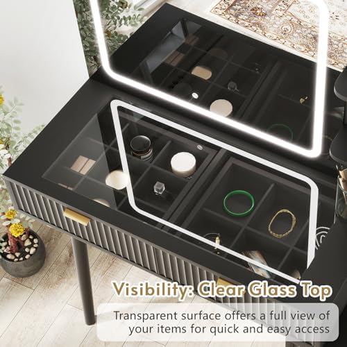 Black Vanity Desk with Mirror and Lights, 49" Fluted Wood Makeup Vanity Table with Modern Glass Top, Charging Station, 5 Drawers, 2 Cabinet with Adjustable Shelves, Salon Station,Wood - Image 2