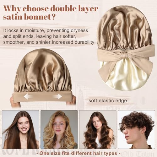 CHLINS Double Layer Satin Bonnet for Sleeping, Hair Bonnet for Curly Hair - Image 3