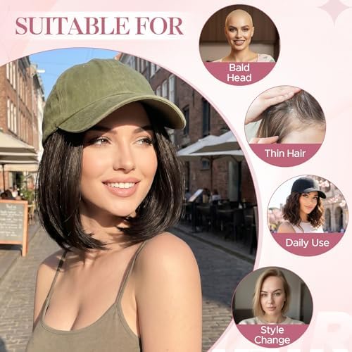SEGO Unisex Vintage Baseball Cap with Hair Extensions for Women Synthetic Hair Attached Hairpiece Olive Green Baseball Cap Wig Adjustable Hat Wigs for Women 6 Inch 10P22T Medium Brown Mix Dark Blonde - Image 4