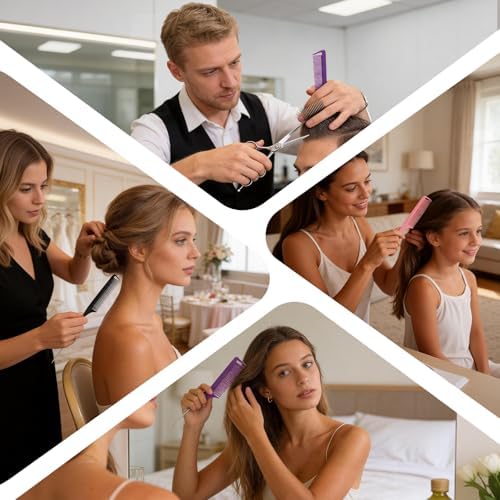 Rat Tail Combs Set: 3Pcs Long Steel Pin Teasing Combs for Salon Hair Stylists, Metal Parting Combs for Women (Purple, Black, Pink) - Image 7
