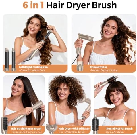 6 in 1 Hair Dryer Brush, Foldable Blow Dryer Brush with Air Styler Curler Wrap, Detachable Hot Air Brush Dry,Volumize, Straight,Curl, Negative Ion Brush Blow Dryer with Diffuser, Hair Styler Tools - Image 3