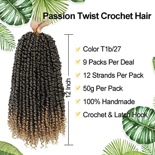 Passion Twist Hair 12 Inch Passion Twist Crochet Hair 9Packs Crochet Hair for Black Women Pretwisted Crochet Twists Hair Pre Looped T27 - Image 2