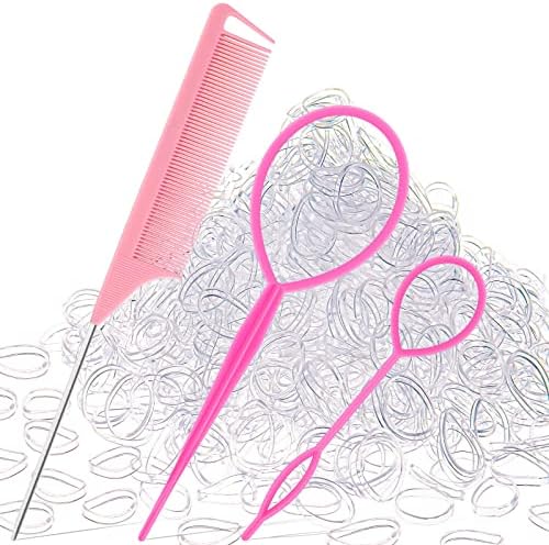 1000Pcs Hair Rubber Bands, Soft Small Hair Elastics for Girls and Women, 2pcs Topsy Tail Tools, 1 Rat Tail Comb, Pink Schembo by Schembo
