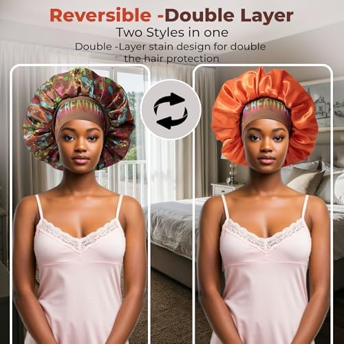 Discover reversible premium double layer silk satin sleeping bonnets designed for hair protection, moisture retention, and all-night comfort. Keep your hair healthy and frizz-free-brown - Image 5