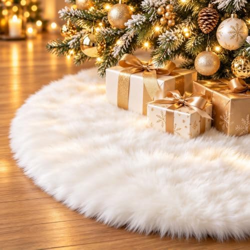 36 Inch White Christmas Tree Skirt, Fluffy Plush Round Base Cover by Unknown