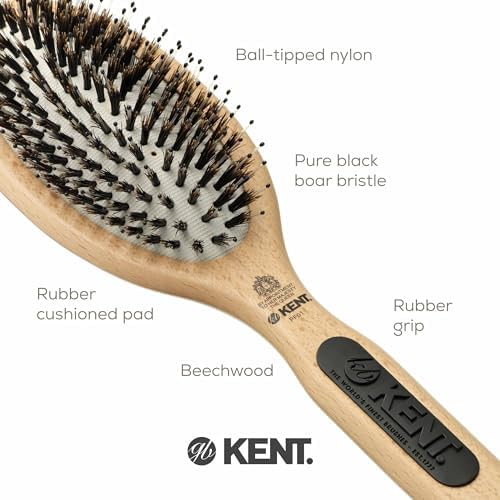 Kent PF01 Large Cushion Detangler Brush, Boar Bristle and Non-Scratch Nylon Mix Hairbrush for Straightening Smoothing. Oval Wood Paddle Detangling Hair Brush for Medium to Long Hair, Made in England - Image 6
