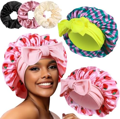 2+3 Large Satin Bonnets with Scrunchies for Women, Hair Bonnet Sleeping Tie Bonnet for Braids Curly Hair by Heniho