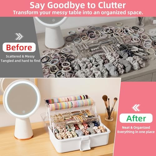 neotidy Hair Accessories Organizer for Girls, 3 Layer Hair Organizer Storage Box with Dividers & Handle, Hair Tie Organizer & Hair Product Organizer Case, Kids Hair Accessories Organizer, White - Image 4