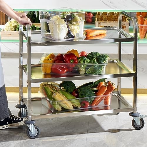 CURTA Stainless Steel Serving Trolley, 34" L x 18" W x 36" H 3 Tiered Shelf Kitchen Utility Cart, Rolling Casters Brake Wheel, Commercial Pro for Restaurant/Hotel/Lab/Clinic/Salon/Workshop - Image 3