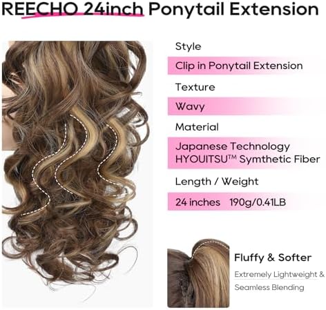 REECHO Ponytail Extension, 24" Claw Clip in Long Curly Wavy Ponytail Hair Extension Jaw Clip on Pony Tails Hairpiece for Women - Chestnut Brown with Golden Highlights - Image 2