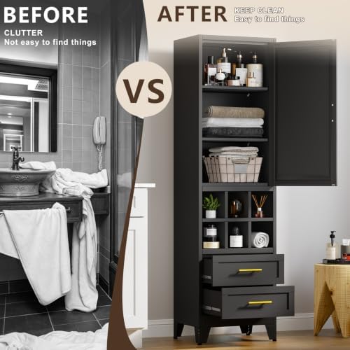 67" Tall Metal Pantry Cabinet, Narrow Freestanding Storage Cabinet, Black - Image 6
