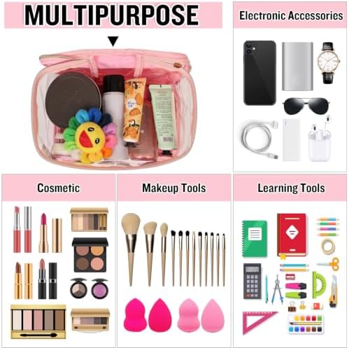 2 Pack Chenille Letter Clear Makeup Bags Stuff Pouch, Preppy Patch Makeup Bag Zipper with Handle, Pink Stuff Bags for Travel Nylon Waterproof Glitter Cosmetic Toiletry Storage for Women(Pink+Green) - Image 6