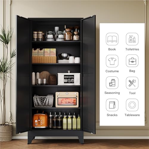 YAUWOH 71''Metal Cabinet with 4 Adjustable Shelves,5-Tier Pantry Storage Cabinet,Kitchen Pantry Cabinet for Living Room,Dining Room, (1PC,Black) - Image 4