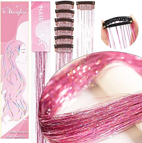 Pink Hair Tinsel Pack of 12 Pcs Clip in Hair Tinsel 20 Inch Glitter Tinsel Hair Extensions, Festival Tinsel Fairy Hair Extension Party Dazzle Hair Accessories Strands Kit(12Pcs,Pink#) - Image 2