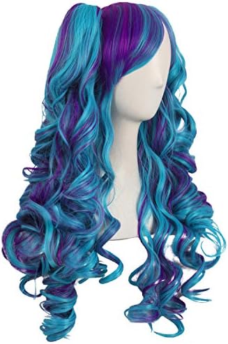 MapofBeauty Lolita Long Curly Clip on Ponytails Cosplay Wig, Purple/Teal - Image 2
