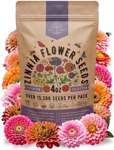 Zinnia Seeds Pack 4 oz - Over 15,300 Non-GMO Heirloom Zinnia Seeds for Planting, Annual Flowers in Individual Seed Packet for Planting Home Garden Indoor & Outdoor Gardening by OrganoRepublic