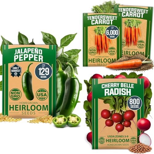 HOME GROWN Root Vegetable & Pepper Seed Kit – 6,929+ Non-GMO USA Seeds – Includes Tendersweet Carrot (6,000), Cherry Belle Radish (800) & Jalapeno Pepper (129) – Heirloom, High Germination by HOMEGROWN