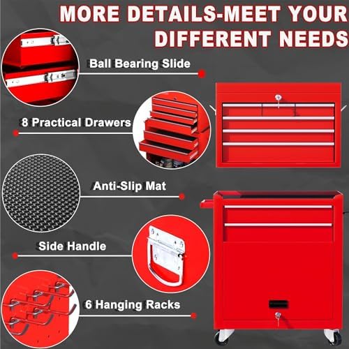 Dawmilon 8-Drawer Rolling Tool Chest, 2-in-1 Tool Box Organizer with Lockable Wheels, Sliding Drawers, and Detachable Top, Garage Workshop Tool Storage Cabinet, Red - Image 5