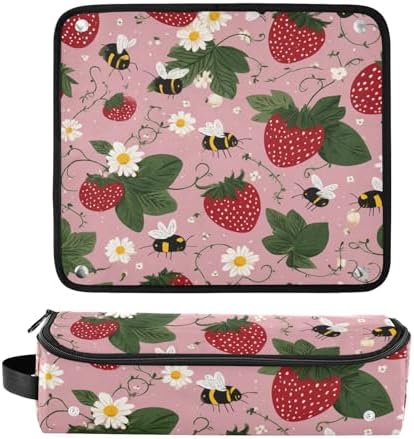 Hair Tools Travel Bag with Heat Resistant Mat 2-in-1 Hot Tools Travel Bag Organizer Flat Curling Iron Travel Case for Straightener Pink Bees Flowers Strawberry - Image 3