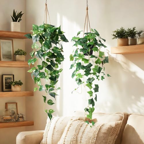 Artificial Hanging Plant with Pots, Fake Pothos Plant for Indoor Outddor, Set of 4 Trailing Faux Potted Plants, Fake Ivy Vines Greenery for Bedroom Kitchen Office Decor, Green White 33In - Image 5
