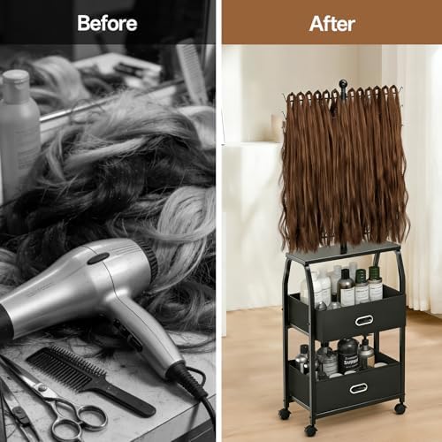 XINTUO Portable Braiding Hair Rack With Wheels & Storage Drawers,168 Pegs Hair Extension Holder Hanger for Braiding Hair Separator Stand Display,Hair rack with stylist hair braiding tools(black) - Image 6