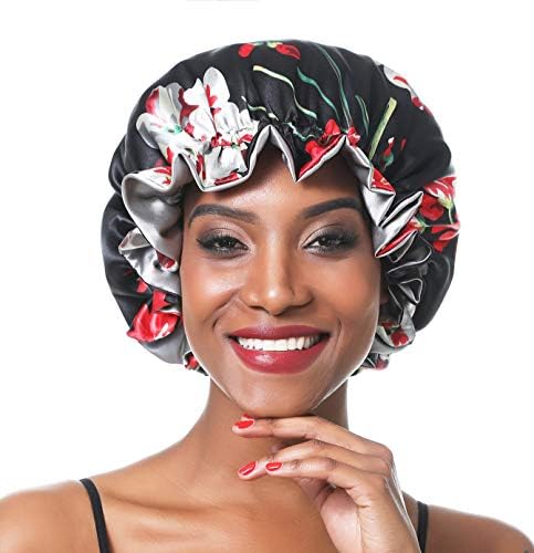 SENGTERM Women Adjustable Satin Bonnet Silky Sleep Cap Hair Bonnet Double Layered Reversible for Curly,Natural, Hair (XL-ADULT, XL Black Flower) - Image 4