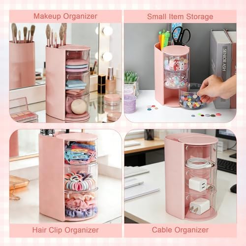 3-Layer Rotating Girls Hair Accessories Organizer Multi-Function Hair Brush Holder Makeup Organizer, Desktop Storage for Hair Clips, Hair Ties, Combs, Jewelry & Stationery (Pink) - Image 4